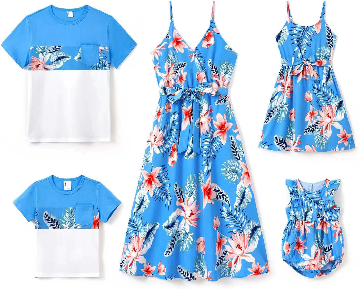 PATPAT Family Matching Outfits Mommy and Me Dresses Hawaiian Tropical Vacation Beach Spaghetti Strap Dress and Shirt