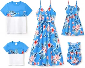PATPAT Family Matching Outfits Mommy and Me Dresses Hawaiian Tropical Vacation Beach Spaghetti Strap Dress and Shirt