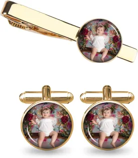 Personalized Cufflinks and Tie Clip Set with Photo/Letter/Initials, Custom Cuff Links and Tie Bar for Men with Gift Box for Wedding, Groomsmen, Husband, Father