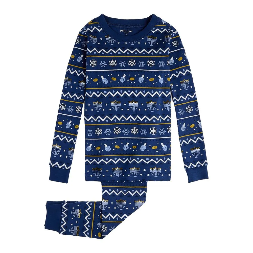 Petit Lem 2-Piece Organic Cotton Ribbed Pajama Set in Hanukkah Fair Isle on Navy