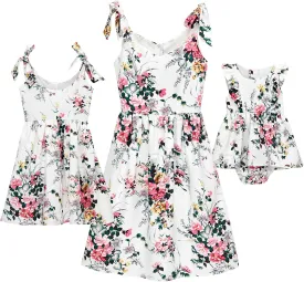 PopReal Mommy and Me Floral Printed Dresses Shoulder Straps Bowknot Chiffon Sleeveless Beach Mini Sundress