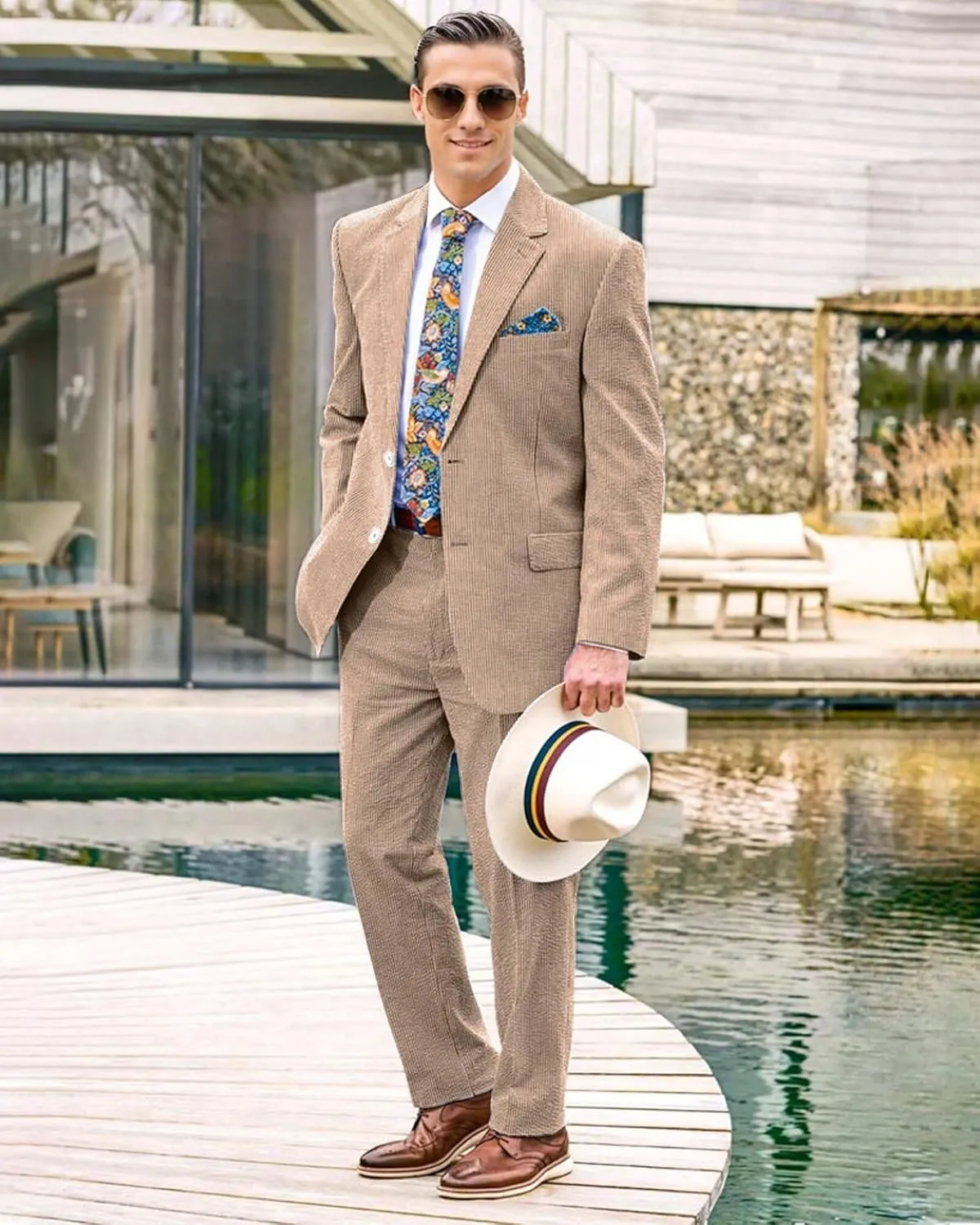Seersucker Mens Suit 2 Piece Slim Fit Stripe Suits Tuxedo Blazer Jackets Pants Set Summer Beach Wedding Outfit for Men