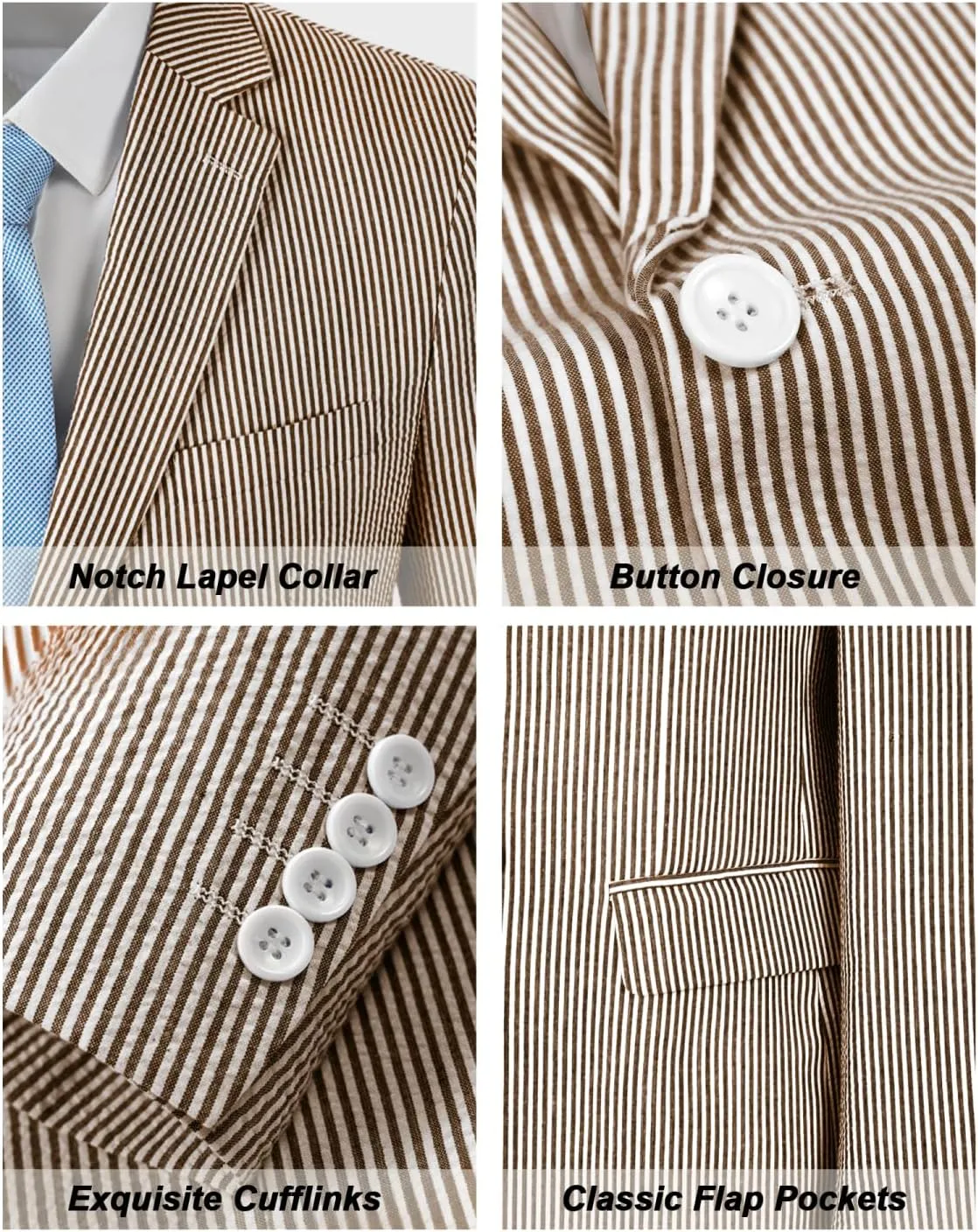 Seersucker Mens Suit 2 Piece Slim Fit Stripe Suits Tuxedo Blazer Jackets Pants Set Summer Beach Wedding Outfit for Men