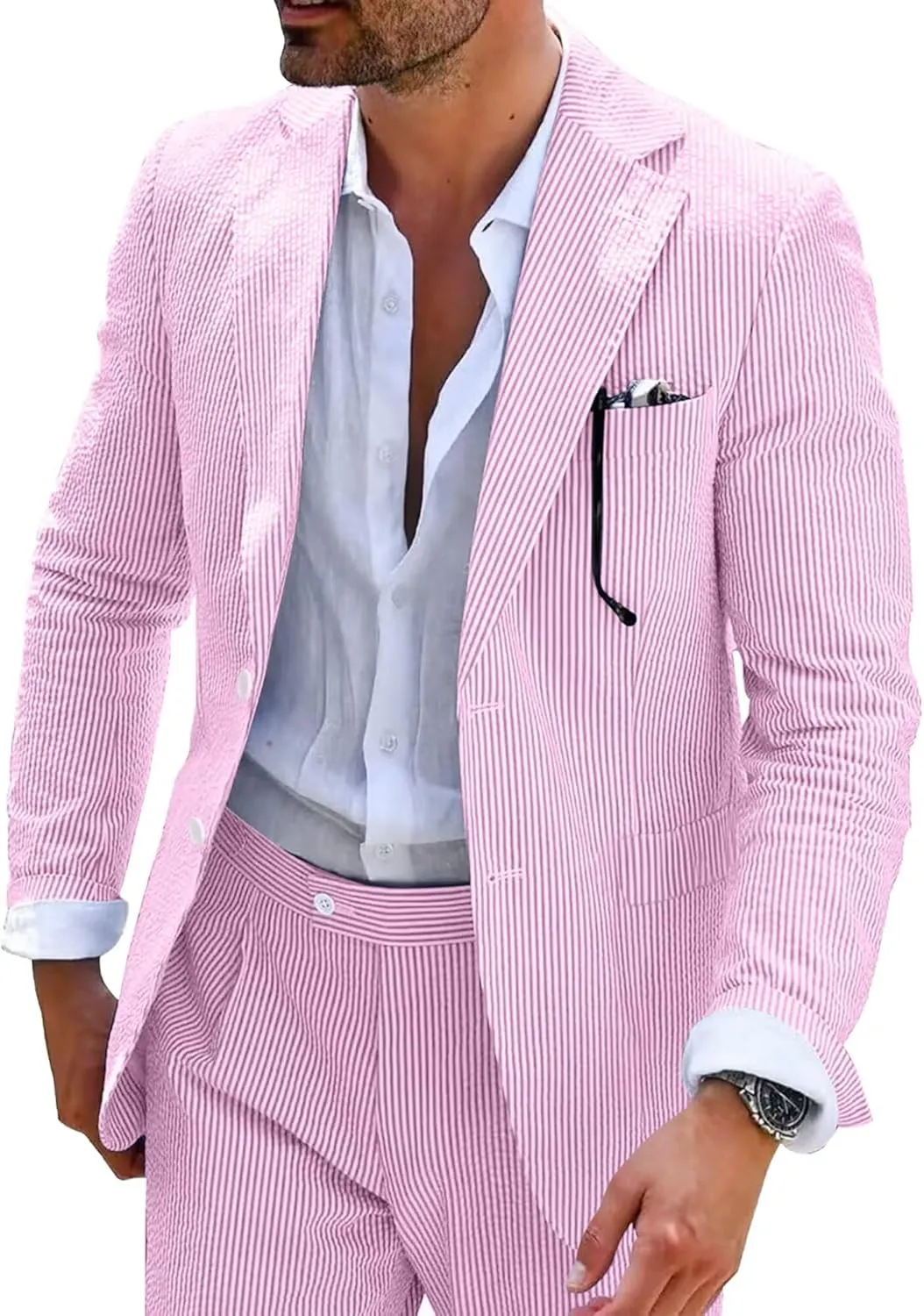 Seersucker Mens Suit 2 Piece Slim Fit Stripe Suits Tuxedo Blazer Jackets Pants Set Summer Beach Wedding Outfit for Men