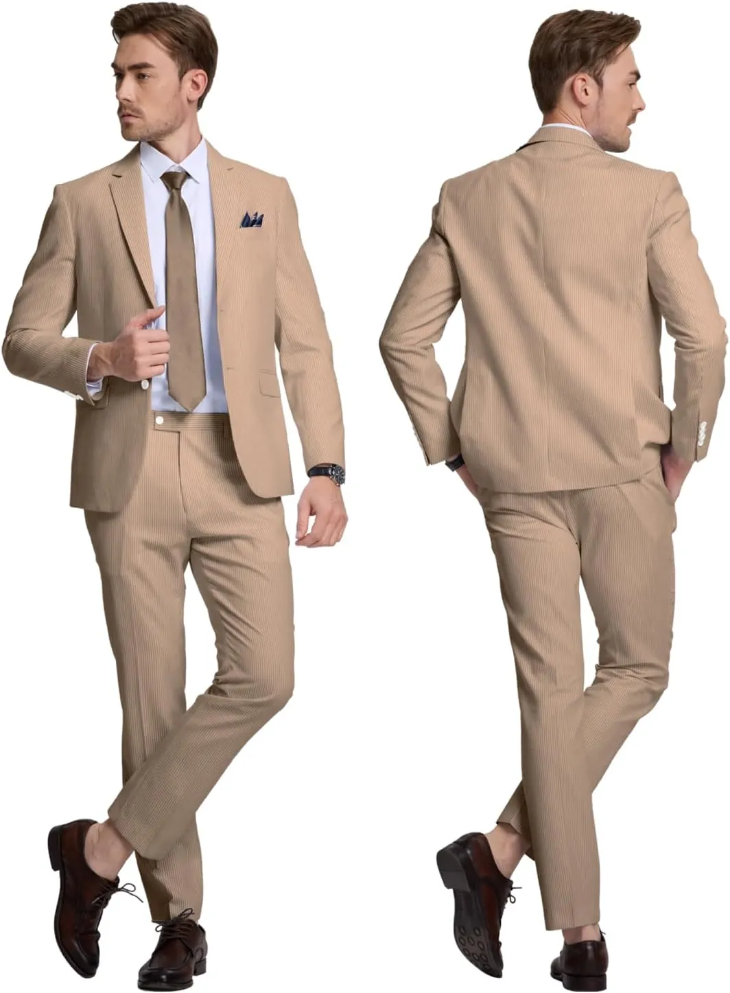 Seersucker Mens Suit 2 Piece Slim Fit Stripe Suits Tuxedo Blazer Jackets Pants Set Summer Beach Wedding Outfit for Men