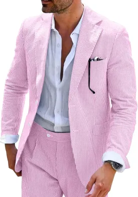 Seersucker Mens Suit 2 Piece Slim Fit Stripe Suits Tuxedo Blazer Jackets Pants Set Summer Beach Wedding Outfit for Men