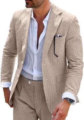 Seersucker Mens Suit 2 Piece Slim Fit Stripe Suits Tuxedo Blazer Jackets Pants Set Summer Beach Wedding Outfit for Men