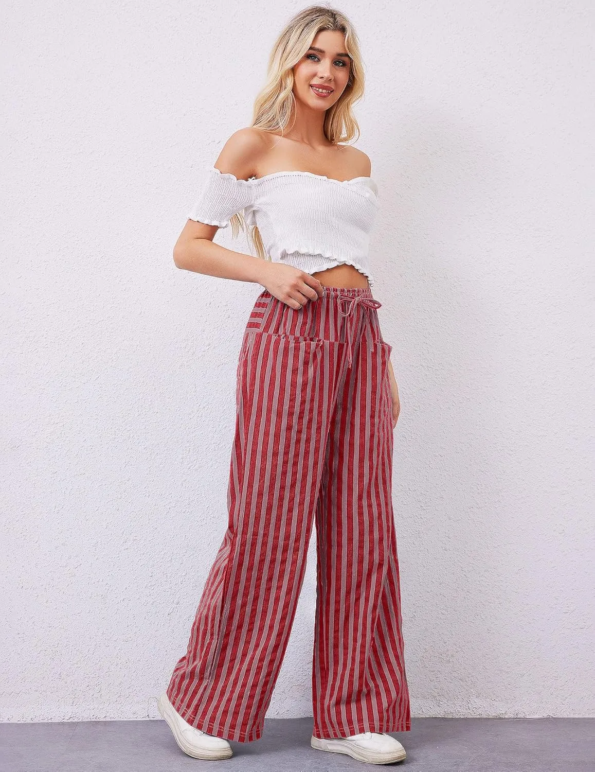 Striped Pants Women Wide Leg Trousers Drawstring Low Rise Casual Loose Lounge Pajama Pants with Pockets