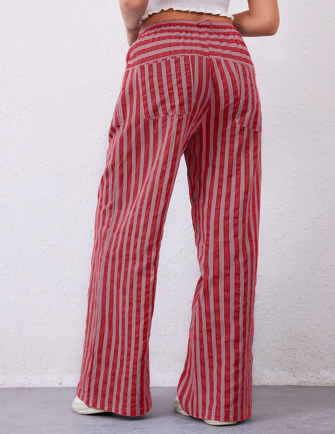 Striped Pants Women Wide Leg Trousers Drawstring Low Rise Casual Loose Lounge Pajama Pants with Pockets