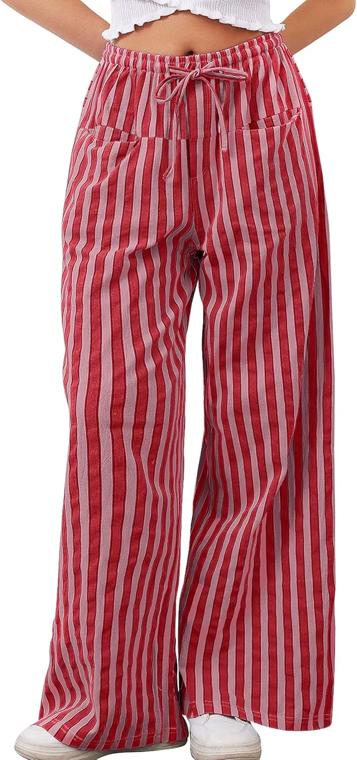 Striped Pants Women Wide Leg Trousers Drawstring Low Rise Casual Loose Lounge Pajama Pants with Pockets