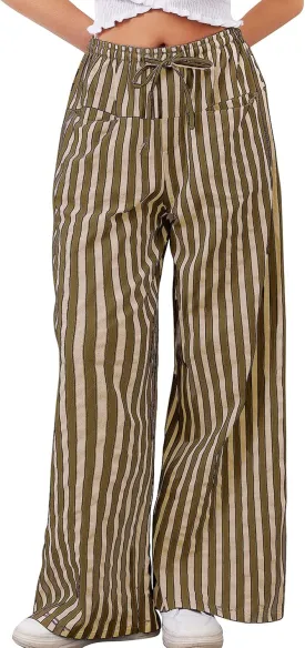 Striped Pants Women Wide Leg Trousers Drawstring Low Rise Casual Loose Lounge Pajama Pants with Pockets