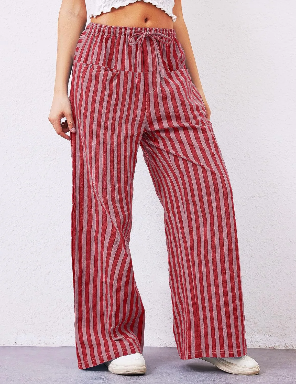 Striped Pants Women Wide Leg Trousers Drawstring Low Rise Casual Loose Lounge Pajama Pants with Pockets