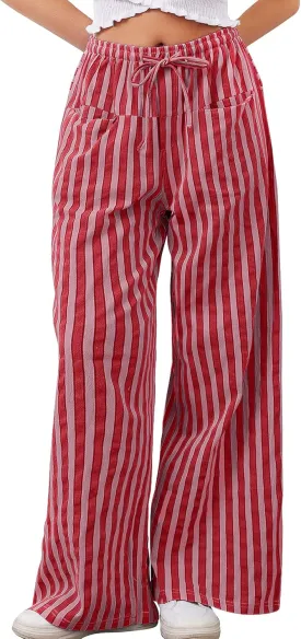 Striped Pants Women Wide Leg Trousers Drawstring Low Rise Casual Loose Lounge Pajama Pants with Pockets