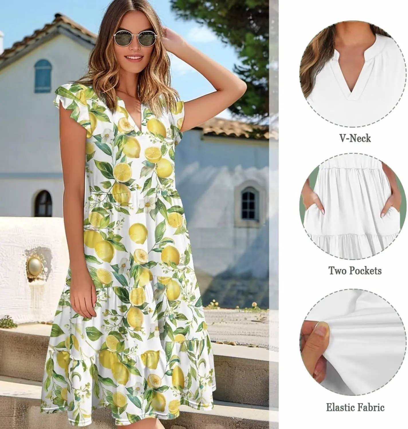 Swing Dress for Women Plus Size Summer Casual Loose V Neck Ruffle Cap Short Sleeve Tiered Midi Dress with Pockets