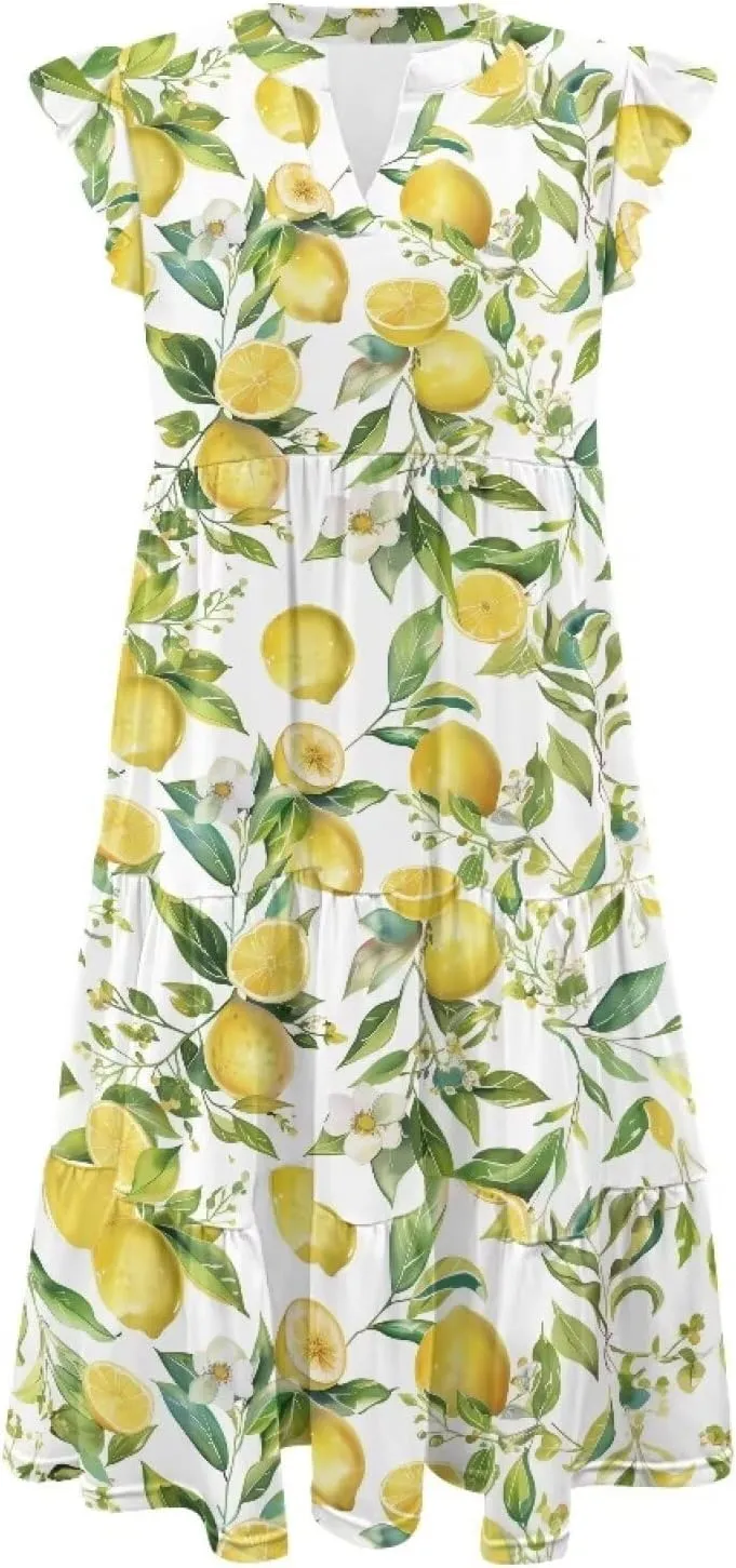 Swing Dress for Women Plus Size Summer Casual Loose V Neck Ruffle Cap Short Sleeve Tiered Midi Dress with Pockets