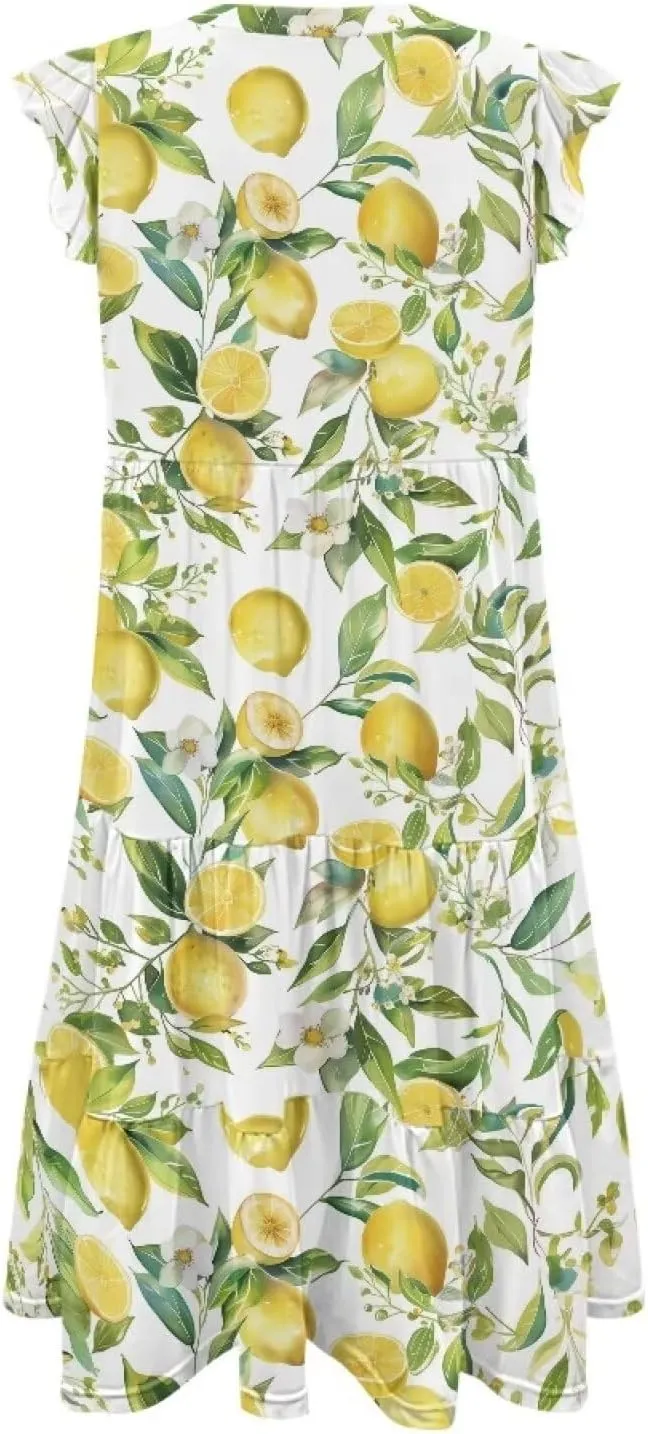 Swing Dress for Women Plus Size Summer Casual Loose V Neck Ruffle Cap Short Sleeve Tiered Midi Dress with Pockets