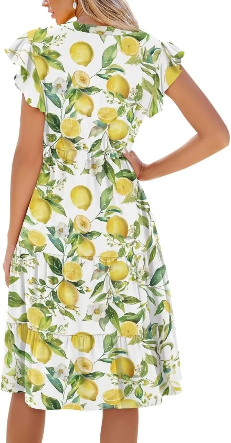Swing Dress for Women Plus Size Summer Casual Loose V Neck Ruffle Cap Short Sleeve Tiered Midi Dress with Pockets