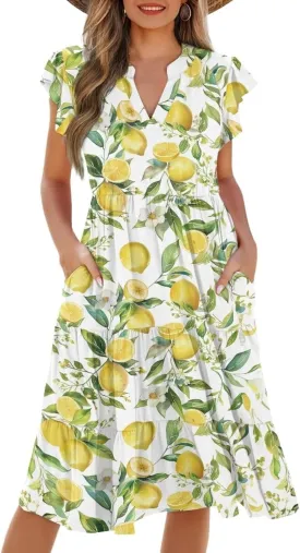 Swing Dress for Women Plus Size Summer Casual Loose V Neck Ruffle Cap Short Sleeve Tiered Midi Dress with Pockets
