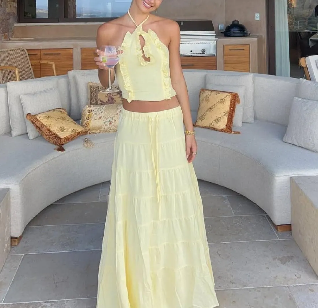Two Piece Maxi Skirt Sets for Women Y2k Backless Halter Tank Top Tiered Flowy Long Skirt Boho Vacation Outfits
