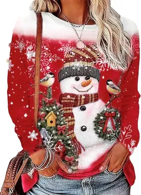 Ugly Christmas Sweatshirts for Women Funny Snowman Graphic Print Shirts Xmas Holiday Long Sleeve Pullover Tops