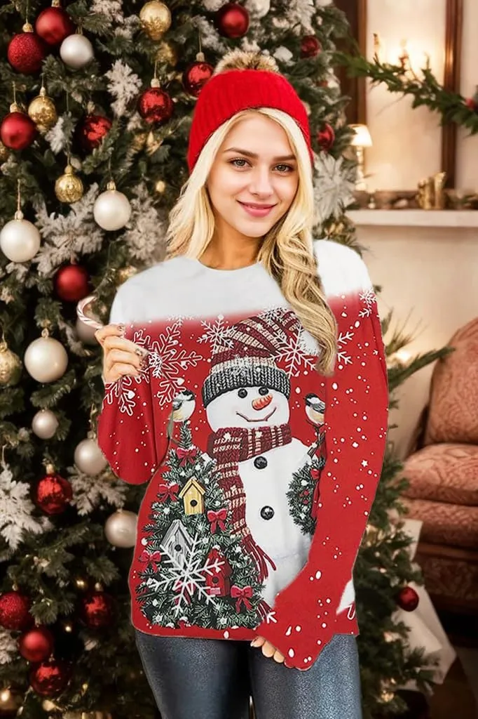 Ugly Christmas Sweatshirts for Women Funny Snowman Graphic Print Shirts Xmas Holiday Long Sleeve Pullover Tops