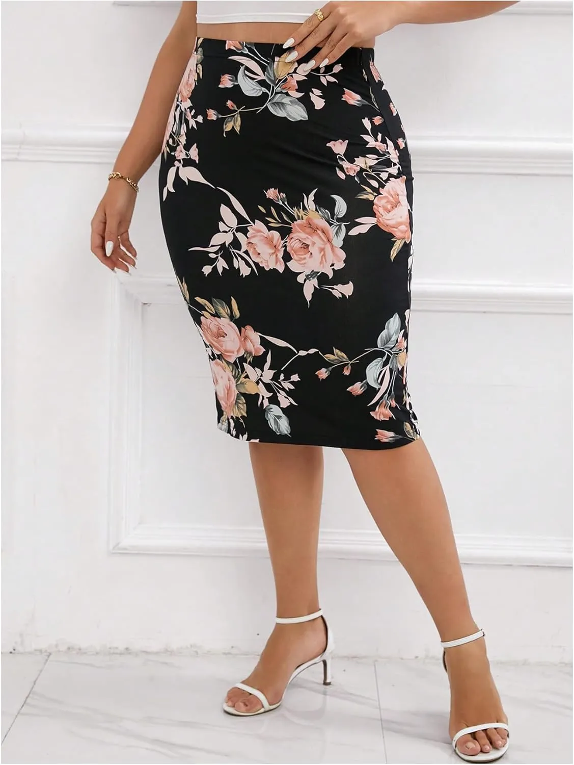 Verdusa Women's Plus Size Floral Knee Length Skirt High Waisted Holiday Bodycon Midi Skirts