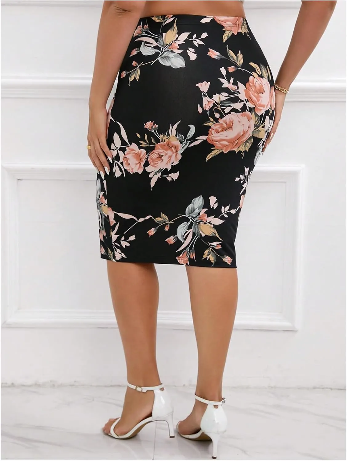Verdusa Women's Plus Size Floral Knee Length Skirt High Waisted Holiday Bodycon Midi Skirts