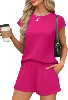 WIHOLL 2 Piece Sets for Women Casual Summer Travel Vacation Outfits Cap Sleeve Shorts Lounge Set