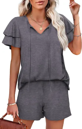 WIHOLL Summer Outfits for Women 2 Piece Short Sleeve V Neck Lounge Sets Casual