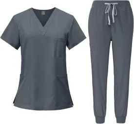 Women Scrubs Set V-Neck Stretch Tops with Pockets & Cargo Pants Jogger Nurse Work Uniform Quick Drying