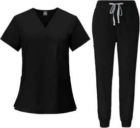 Women Scrubs Set V-Neck Stretch Tops with Pockets & Cargo Pants Jogger Nurse Work Uniform Quick Drying