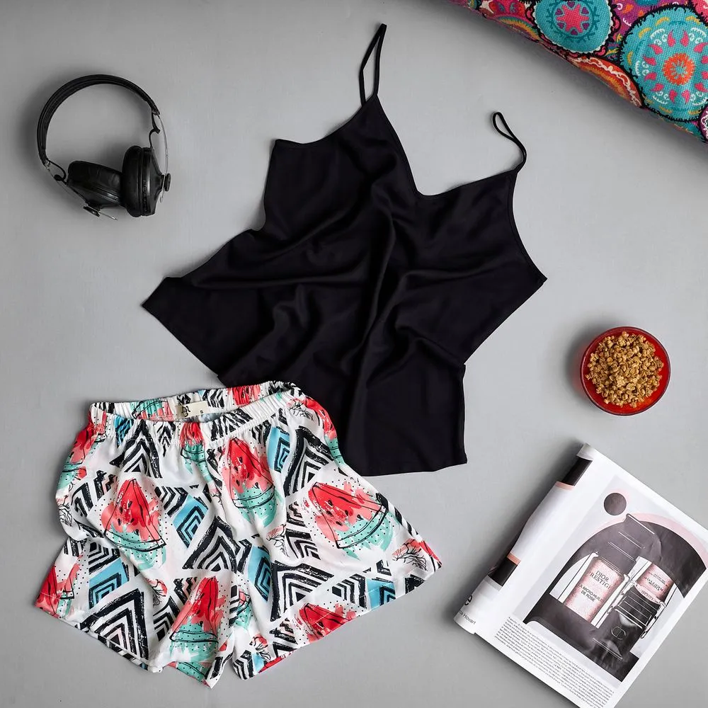 Women summer pajama set Black top   Watermelon shorts