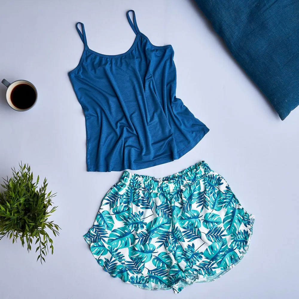 Women summer pajama set Dark blue top   Tropical leaves ruffles shorts