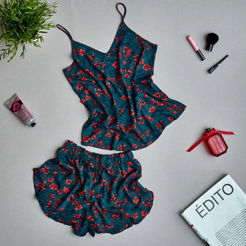 Women summer pajama set Red flowered top   ruffles shorts