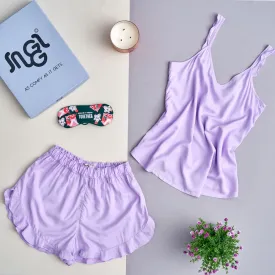 Women summer pajama set ruffles straps Purple shoulders ruffles top   ruffles shorts