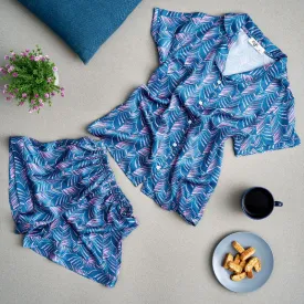Women summer satin pajama set Petroleum x cashmere leaves buttoned shirt  short