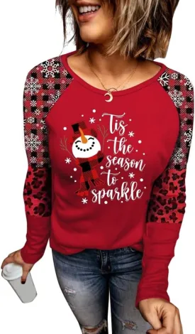 Women's Christmas Holiday T Shirts Leopard Stripe Splicing Sleeve Shirt Xmas Funny Graphic Raglan Baseball Tops