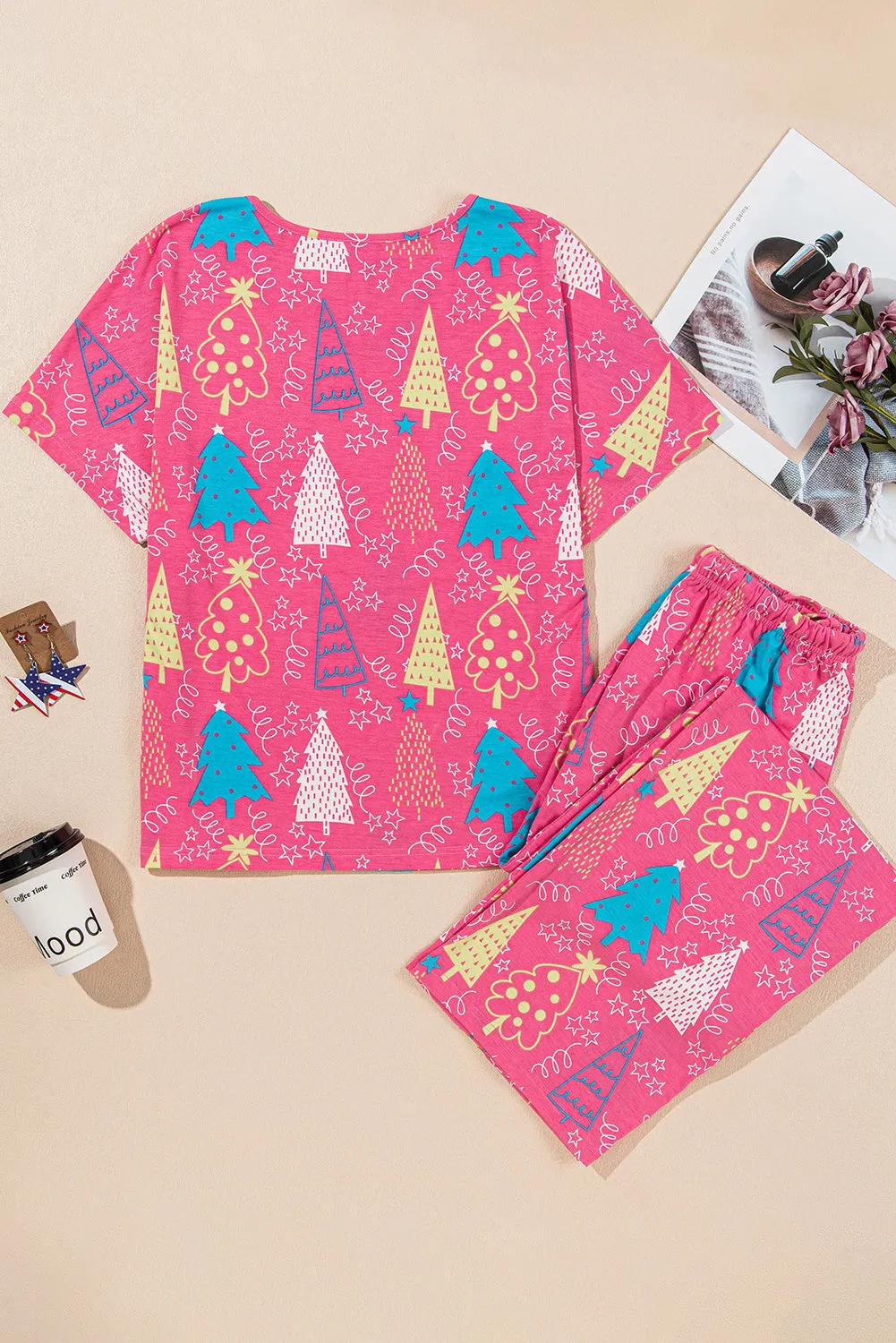 Womens Cozy Holiday Christmas Tree Print V-Neck Tee & Pants Lounge Set