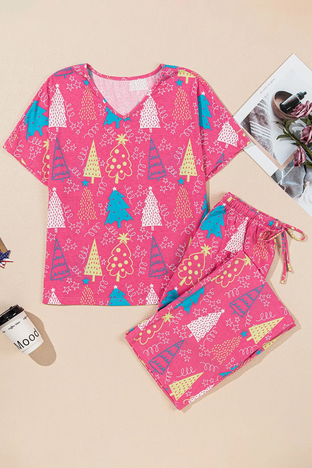 Womens Cozy Holiday Christmas Tree Print V-Neck Tee & Pants Lounge Set