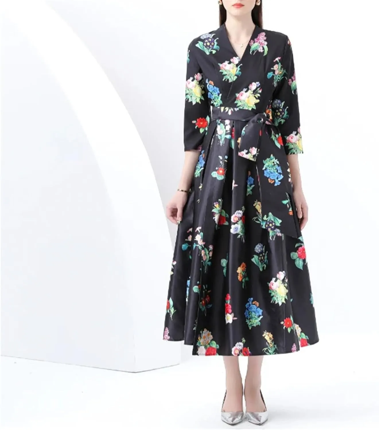 Women's Floral Print Long Dress - V-Neck Three-Quarters Sleeve Slim Holiday