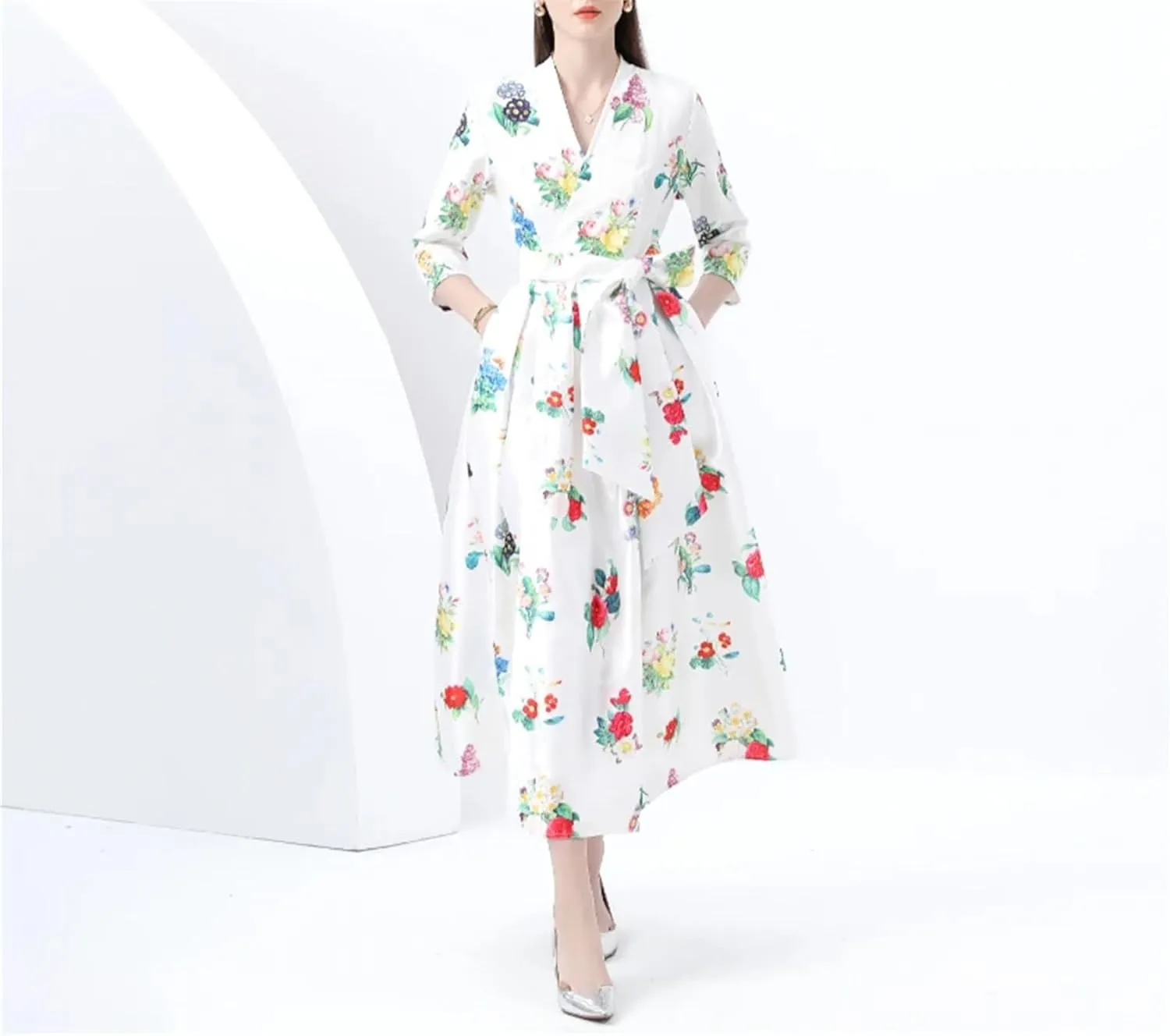 Women's Floral Print Long Dress - V-Neck Three-Quarters Sleeve Slim Holiday