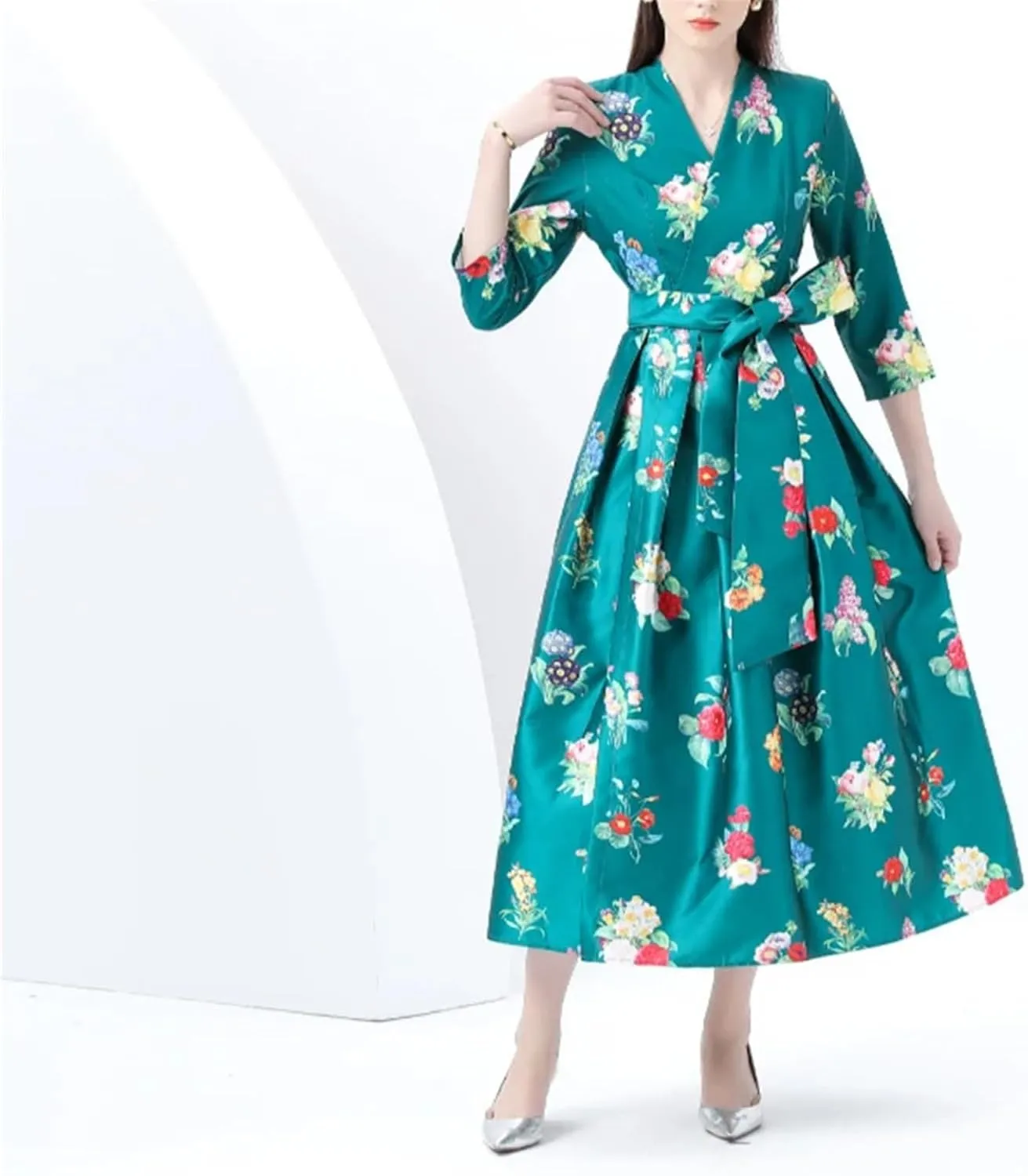 Women's Floral Print Long Dress - V-Neck Three-Quarters Sleeve Slim Holiday