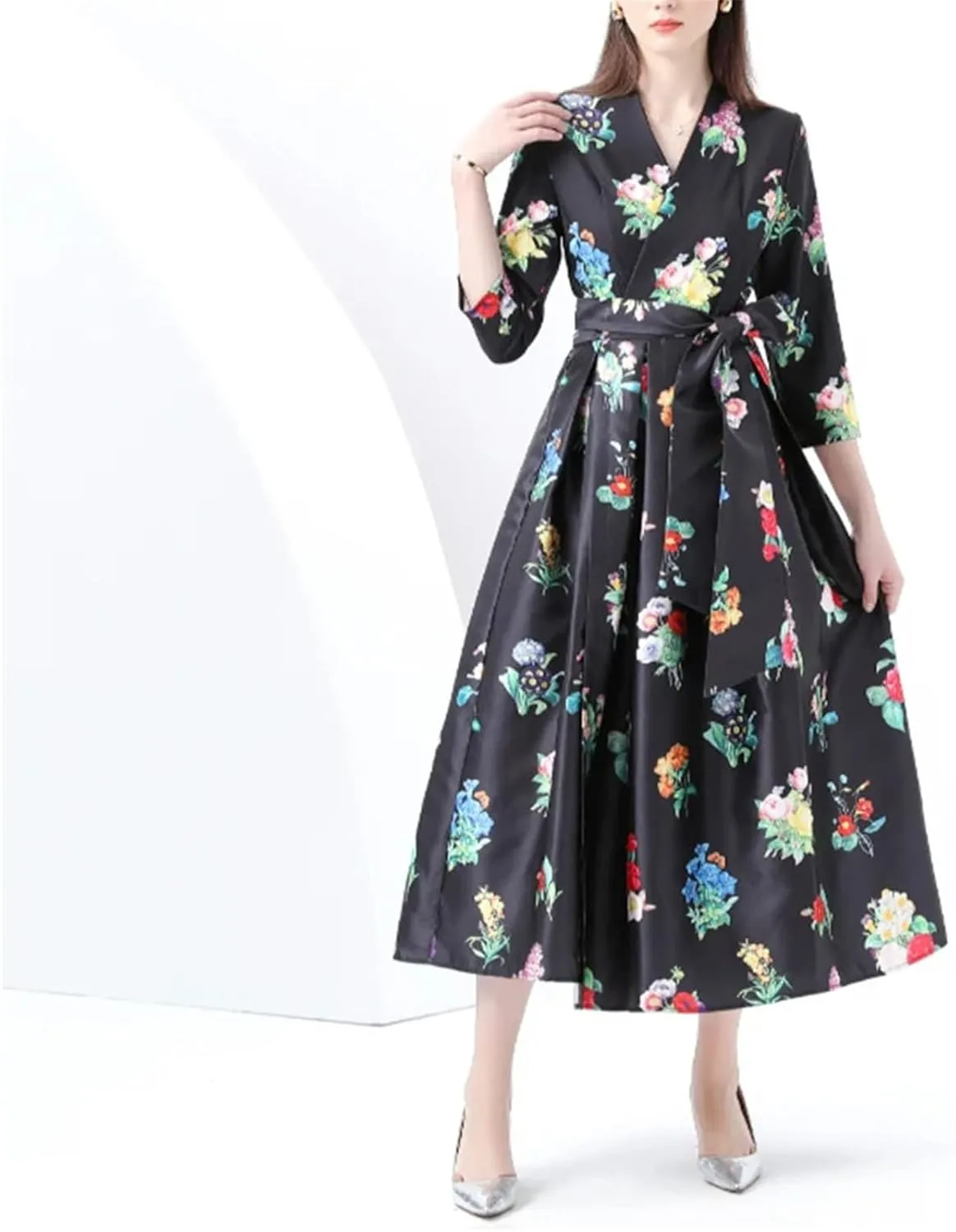 Women's Floral Print Long Dress - V-Neck Three-Quarters Sleeve Slim Holiday