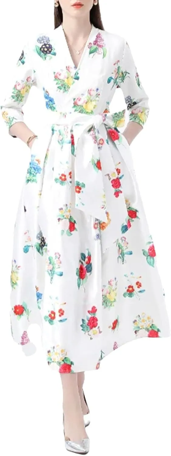 Women's Floral Print Long Dress - V-Neck Three-Quarters Sleeve Slim Holiday