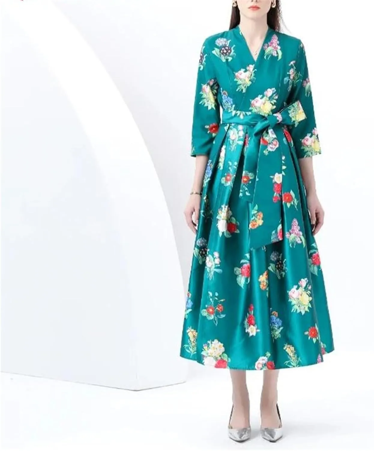 Women's Floral Print Long Dress - V-Neck Three-Quarters Sleeve Slim Holiday
