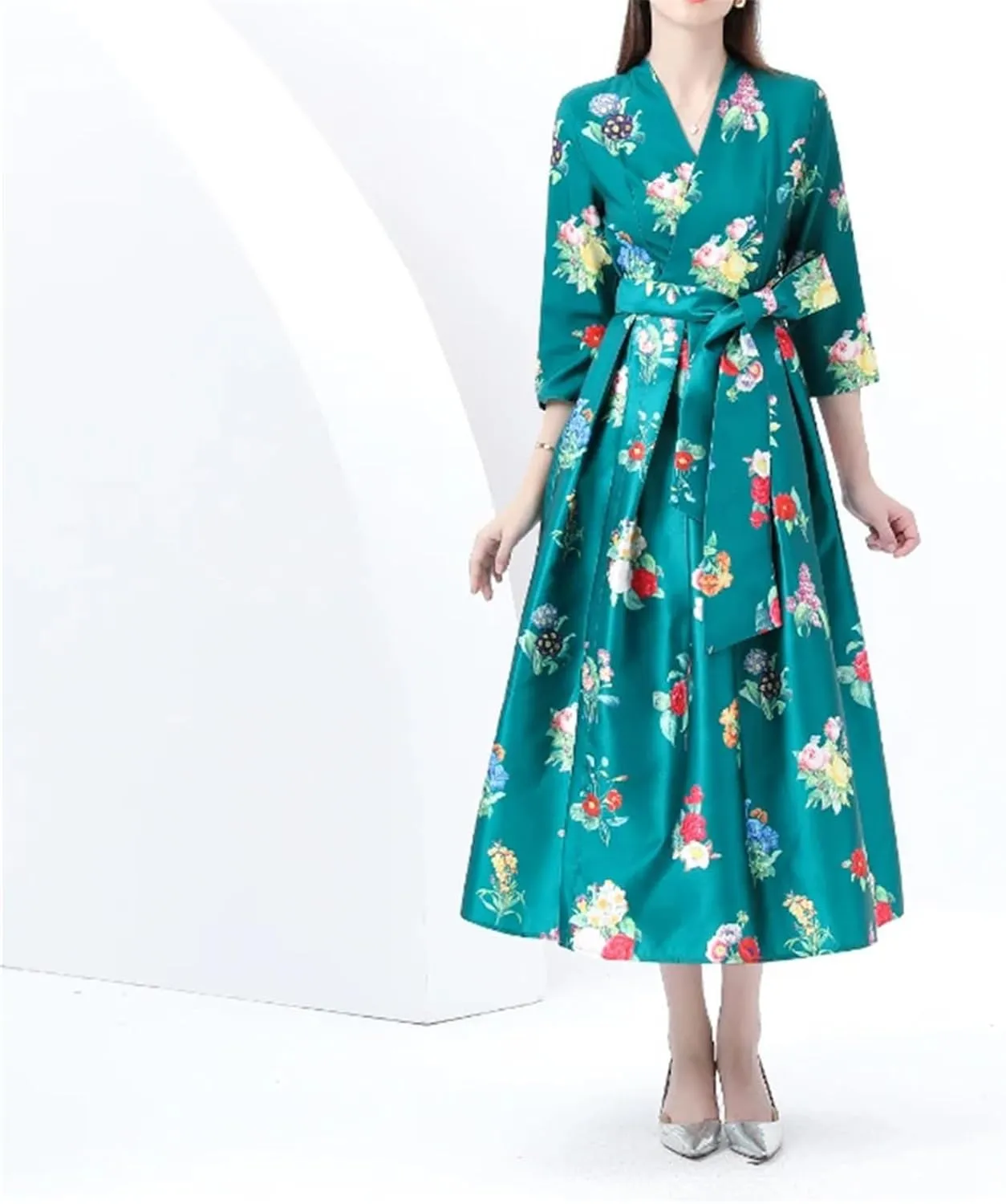 Women's Floral Print Long Dress - V-Neck Three-Quarters Sleeve Slim Holiday