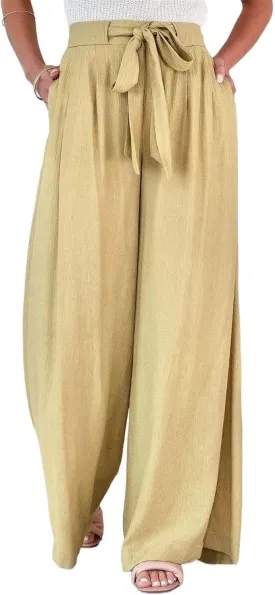 Women's High Waisted Flowing Wide Leg Pants Solid Color Belted Pockets Loose Casual Trousers