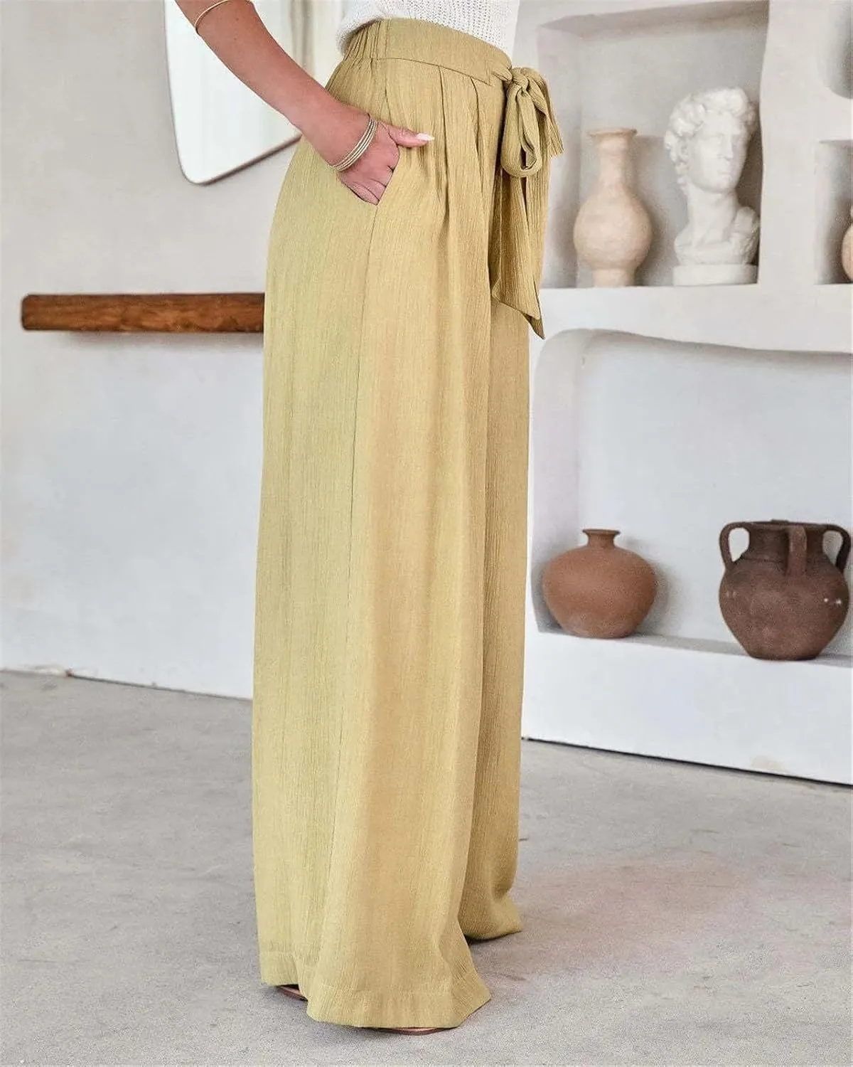 Women's High Waisted Flowing Wide Leg Pants Solid Color Belted Pockets Loose Casual Trousers