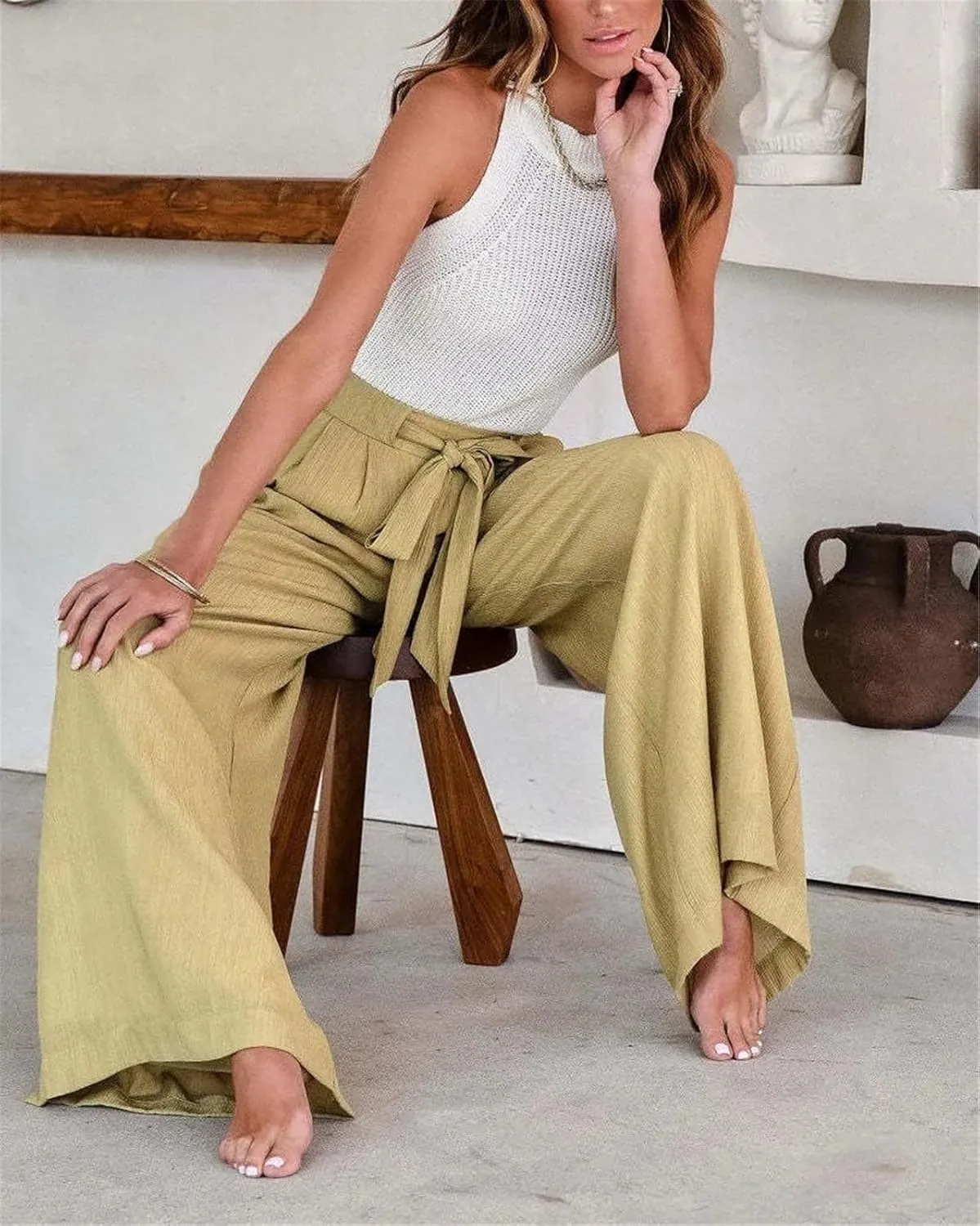 Women's High Waisted Flowing Wide Leg Pants Solid Color Belted Pockets Loose Casual Trousers
