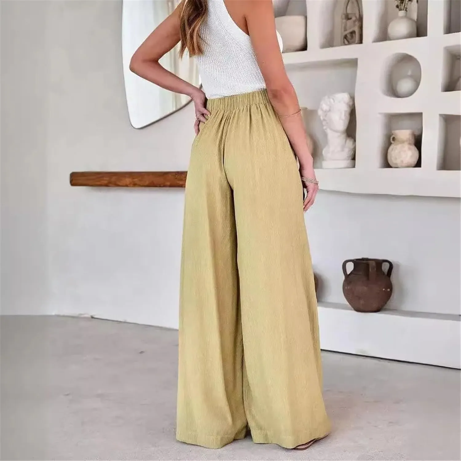 Women's High Waisted Flowing Wide Leg Pants Solid Color Belted Pockets Loose Casual Trousers